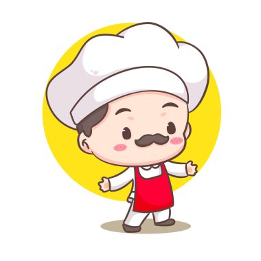 Sevimli şef logosu maskot çizgi film karakteri. İnsanlar profesyonel konsept tasarımı. Chibi düz vektör çizimi. İzole edilmiş beyaz arkaplan. 