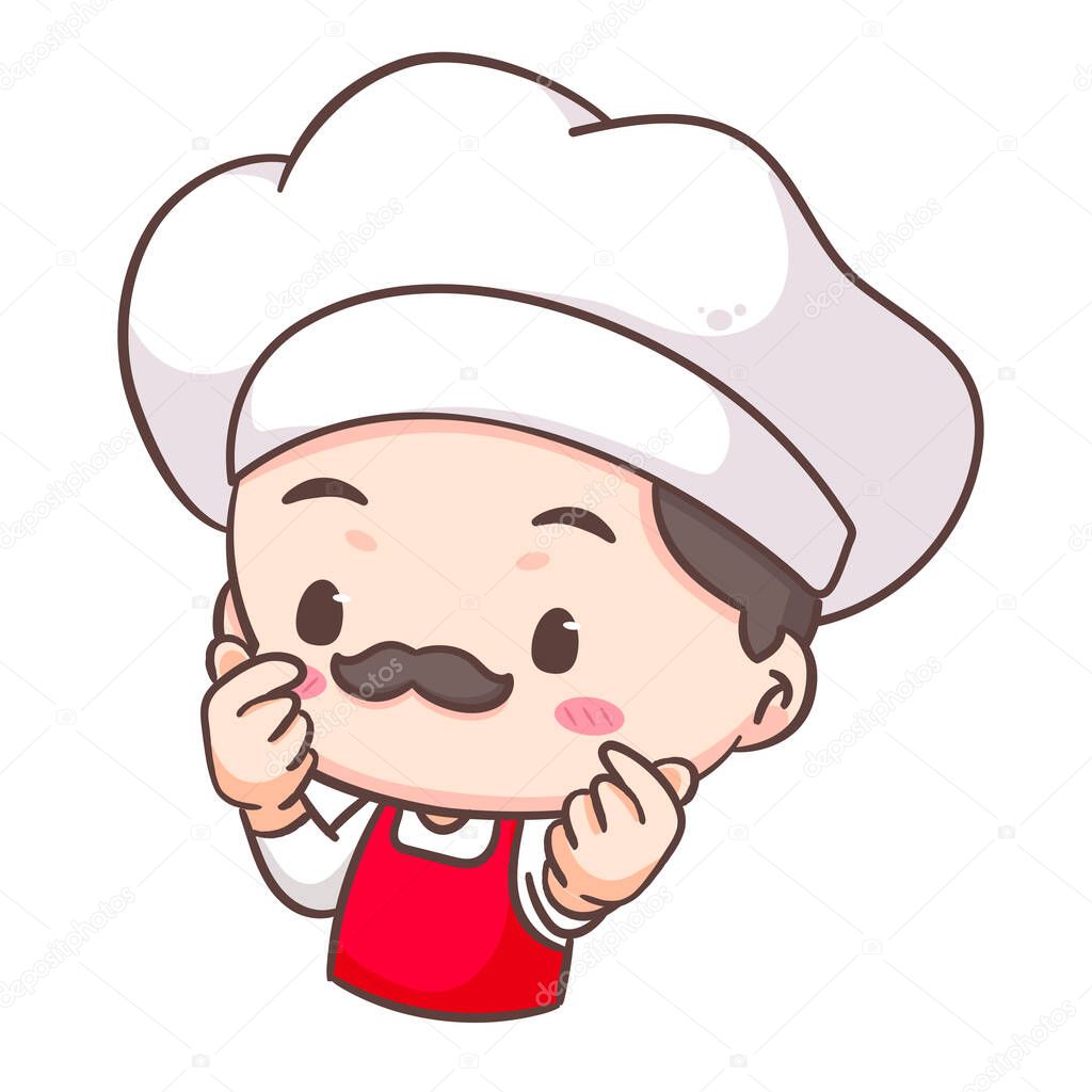 Cute chef love finger sign logo mascot cartoon character. People professional concept design. Chibi flat vector illustration. Isolated white background.