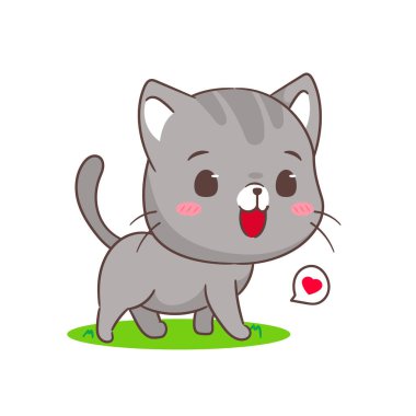 Sevimli Kedi çizgi film karakteri. Chibi tapılası hayvan konsepti tasarımı. İzole edilmiş beyaz arka plan. Vektör sanatı illüstrasyonu.