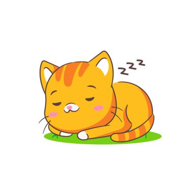 Tatlı tembel kedi çizgi film karakteri uyuyor. Chibi tapılası hayvan konsepti tasarımı. İzole edilmiş beyaz arka plan. Vektör sanatı illüstrasyonu.