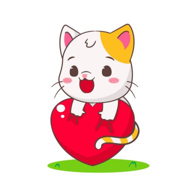 Sevimli kedi çizgi film karakteri aşk kalbini tutuyor. Chibi tapılası hayvan konsepti tasarımı. İzole edilmiş beyaz arka plan. Vektör sanatı illüstrasyonu.