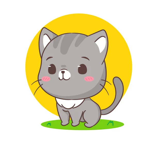 Cute Cat Cartoon Character Sitting Chibi Adorable Animal Concept Design — Stock Vector