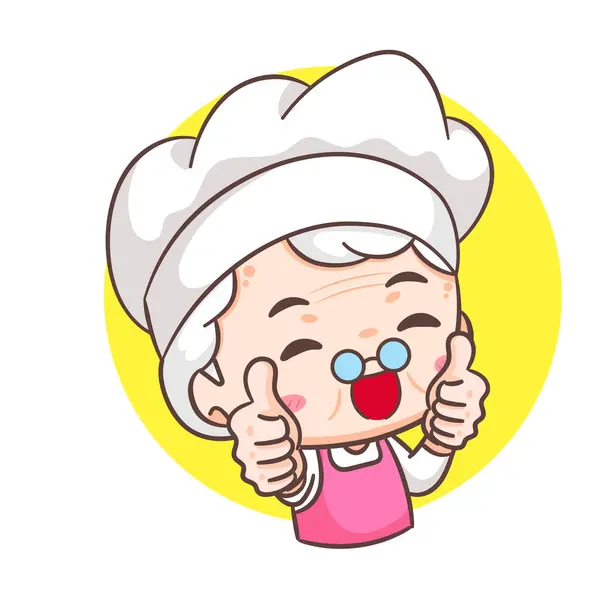 Carino Cartone Animato Della Nonna Che Mostra Pollici Nonna Cucina — Vettoriale Stock