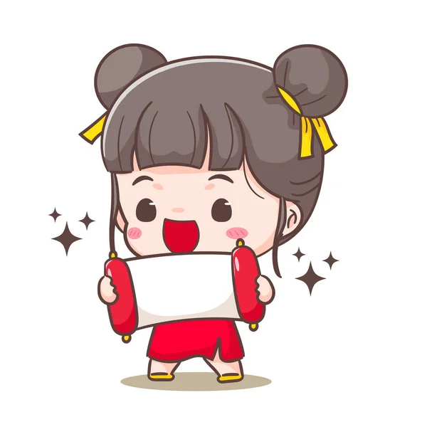 可爱的女孩庆祝农历新年卡通画 中国年概念设计 可敬的Chibi手绘 孤立的白色背景 — 图库矢量图片