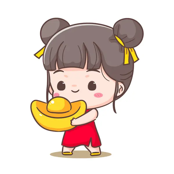 Roztomilá Dívka Držící Zlatý Ingot Oslavit Čínský Nový Rok Kreslený — Stockový vektor