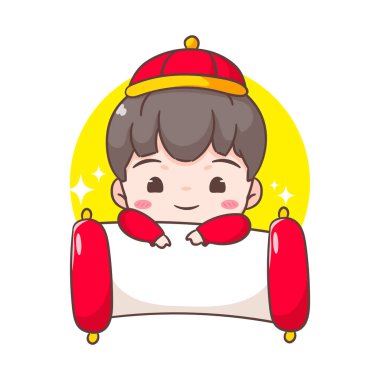 Şirin çocuk Çin 'in yeni yıl karikatürünü kutluyor. El çizimi chibi karakteri. Tatil konsepti tasarımı. İzole edilmiş beyaz arkaplan