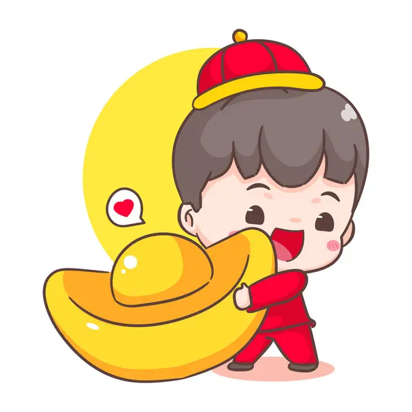 Roztomilý Chlapec Slaví Čínský Nový Rok Kreslené Ilustrace Ručně Kreslený — Stockový vektor