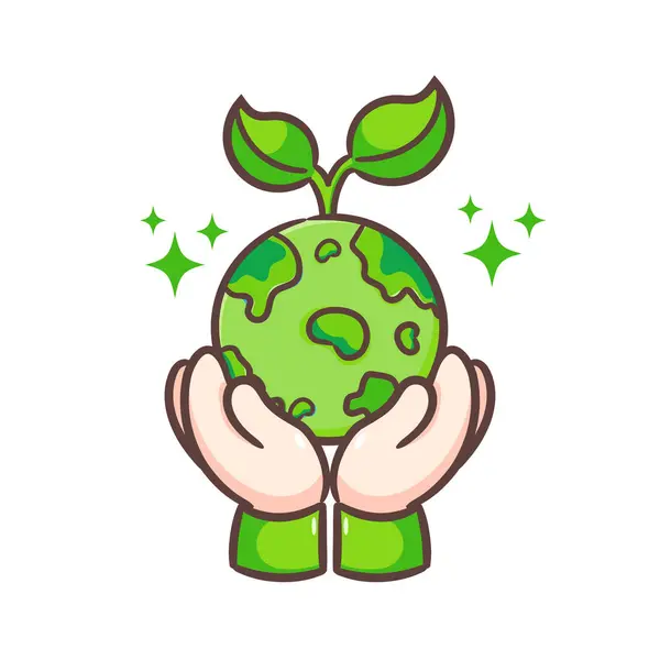 Welt Umwelt Ikone Mit Händchenhaltender Samenpflanze Auf Der Erde Planet — Stockvektor