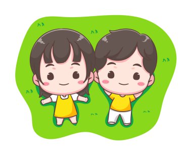 Çimlerin üzerinde yatan sevimli aşık çift Mutlu Çocuk ve kız birlikte vakit geçiriyorlar. Sevgililer günü ve ilişki konsepti tasarımı. Chibi çizgi film stili vektör çizimi