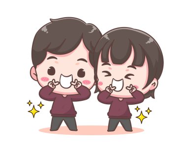 Sevimli çift birlikte vakit geçiriyor. Kız ve erkek barış işareti yapıyor. Sevgililer günü ve ilişki konsepti tasarımı. Chibi çizgi film stili vektör çizimi