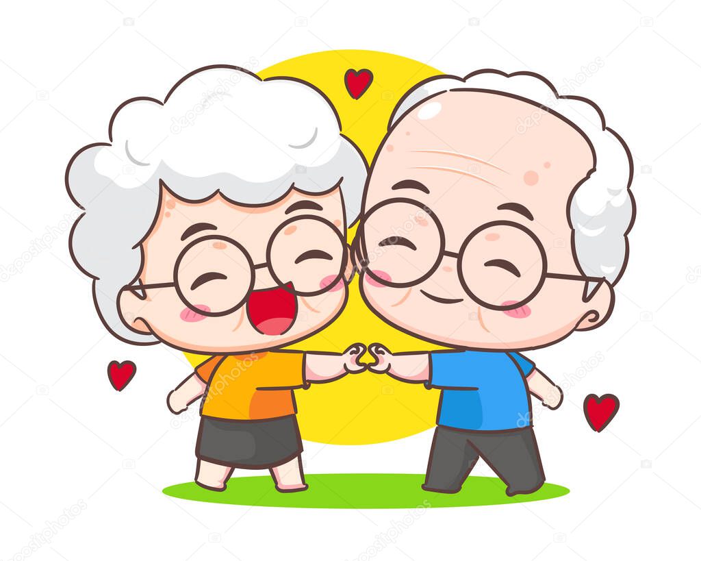 Cute couple grandparents show love sign. Grandpa and grandma cartoon character. Happy old couple. Chibi vector style. Isolated white background