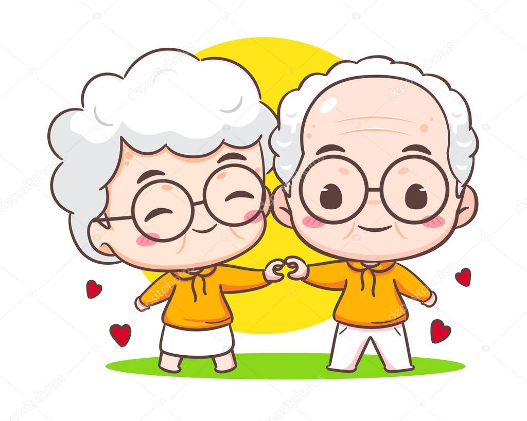 Cute couple grandparents show love sign. Grandpa and grandma cartoon character. Happy old couple. Chibi vector style. Isolated white background