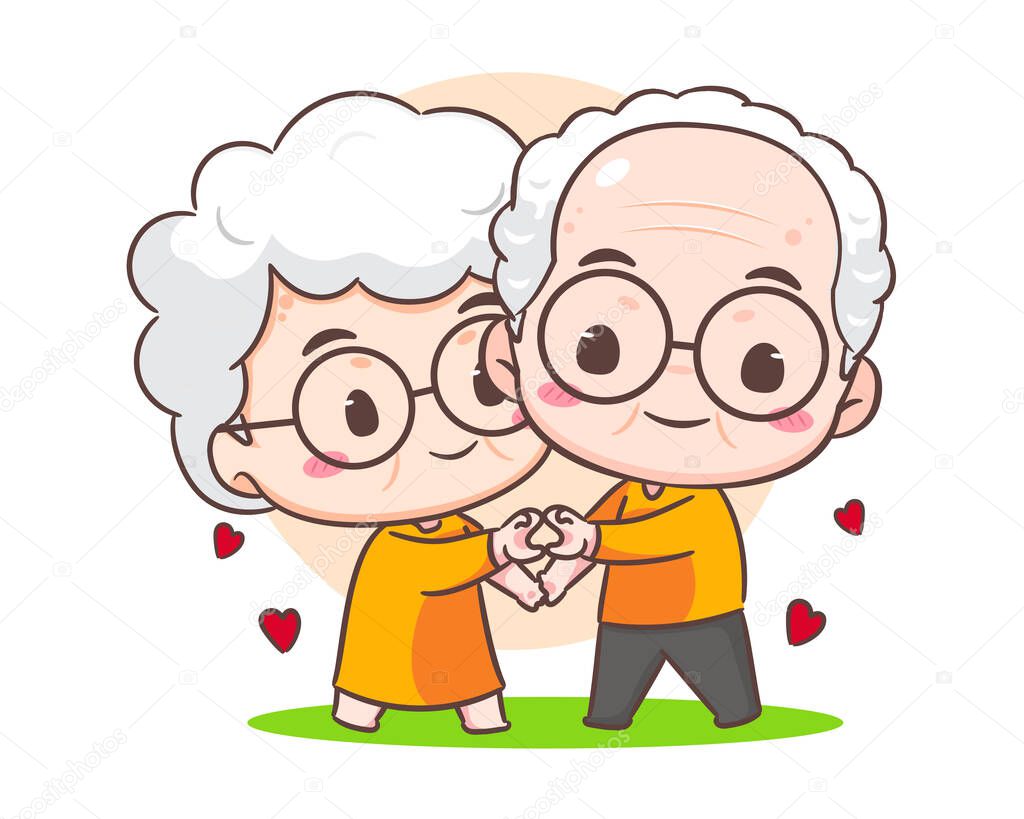 Cute couple grandparents show love sign. Grandpa and grandma cartoon character. Happy old couple. Chibi vector style. Isolated white background