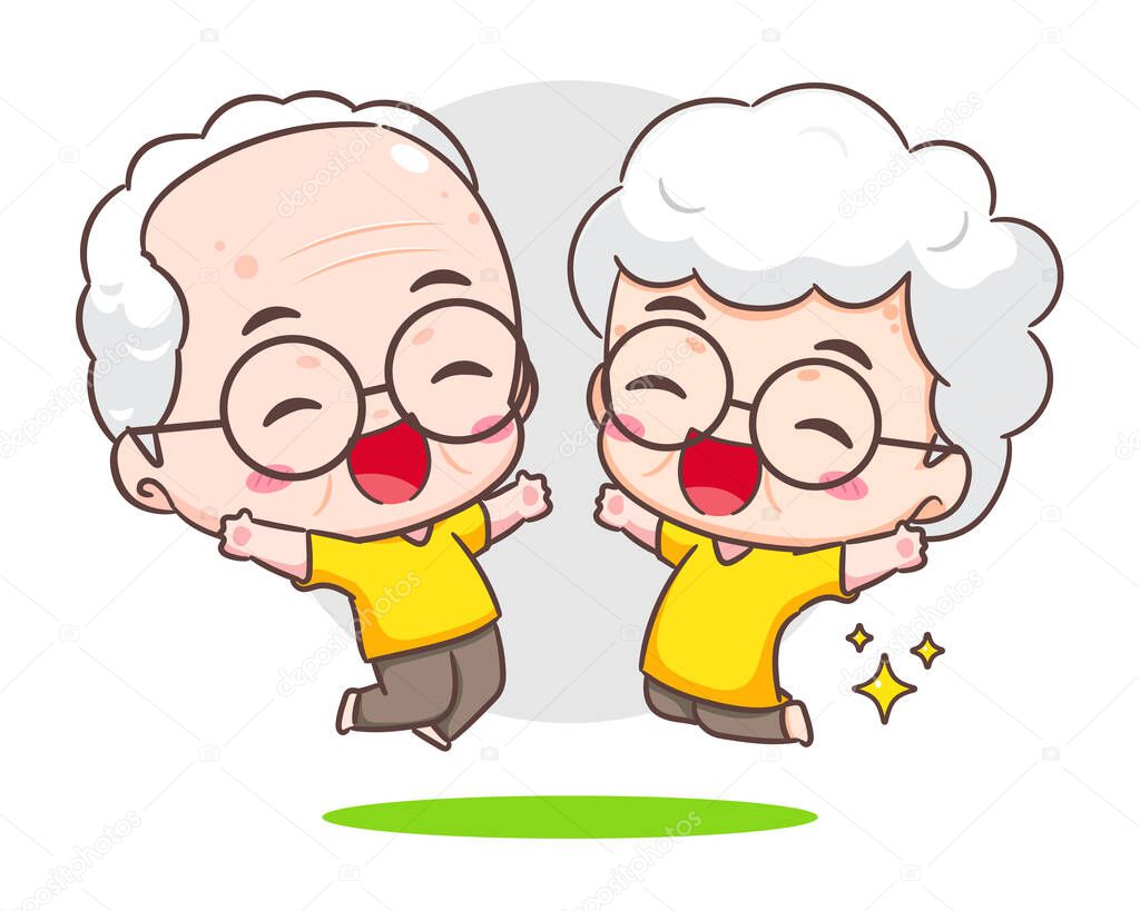 Cute couple grandparents. Grandpa and grandma cartoon character. Happy old couple. Chibi vector style. Isolated white background