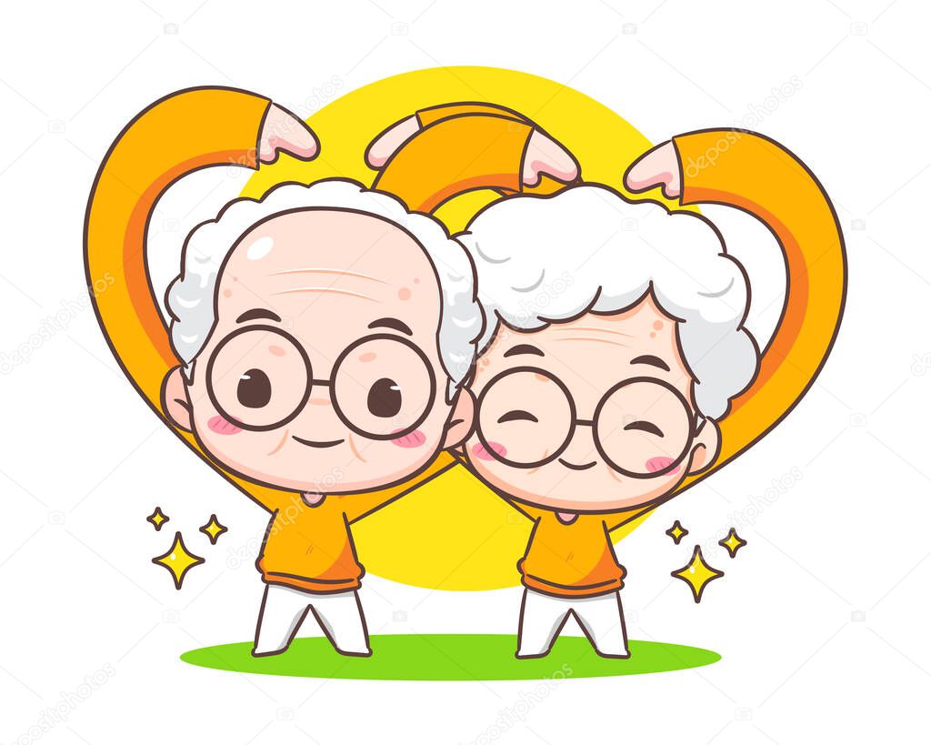 Cute couple grandparents show love sign. Grandpa and grandma cartoon character. Happy old couple. Chibi vector style. Isolated white background