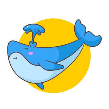 Şirin balina çizgi filmi vektör çizimi. Tapılası ve kawaii hayvan tasarımı. Deniz altı memelileri. İzole edilmiş beyaz arka plan..