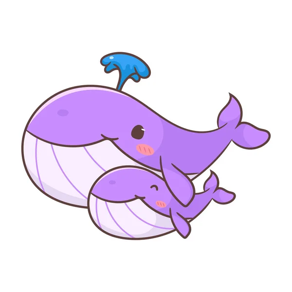 可爱的紫色鲸鱼妈妈和宝宝卡通人物插图 可爱的卡瓦伊动物的概念设计 海底水生哺乳动物 孤立的白色背景 — 图库矢量图片