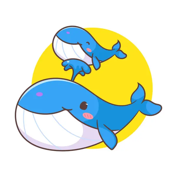 可爱的鲸鱼妈妈和宝宝卡通人物插图 可爱的卡瓦伊动物的概念设计 海底水生哺乳动物 孤立的白色背景 — 图库矢量图片