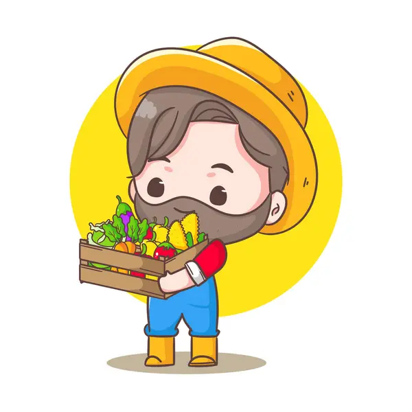 かわいい農民漫画ベクトル 制服の庭師は熟した野菜と果物のバスケットを持っています 農業と農業のコンセプトデザイン チビスタイルのイラスト 隔離された白い背景 アイコンロゴマスコ — ストックベクタ