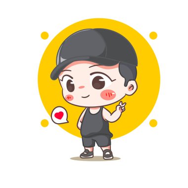 Şapka çizgi film karakteri giyen tatlı çocuk barış eli pozu veriyor. Kore tarzı moda. İnsanlar konsept tasarımı yapar. Chibi vektör çizimi. İzole edilmiş beyaz arkaplan