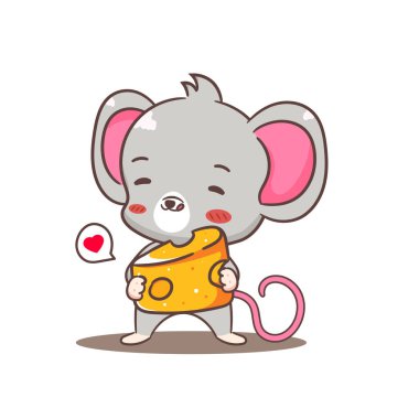 Peynir tutan sevimli fare çizgi film karakteri. Tapılası kawaii hayvan maskotu vektör illüstrasyon tasarımı. İzole edilmiş beyaz arkaplan.