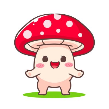 Sevimli çizgi film karakteri şirin mantar ayakta duruyor. Kawaii ve Neşeli Maskot Logosu İzole edilmiş beyaz arka plan. El çizimi biçim vektör illüstrasyonu.