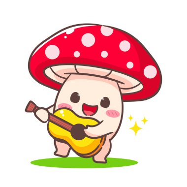 Gitar çalan sevimli bir çizgi film karakteri. Kawaii ve Neşeli Maskot Logosu İzole edilmiş beyaz arka plan. El çizimi biçim vektör illüstrasyonu.