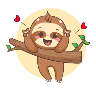 Ağaç Çizgi Filmi Karakteri 'nde Barış Elçisi pozu veren şirin tembel hayvan. Sevimli ve Kawaii Hayvan Tasarımı. Simge Maskotunun Vektör İllüstrasyonu