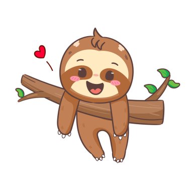 Ağaç Çizgifilminde Asılı Şirin Tembel Hayvan. Sevimli ve Kawaii Hayvan Tasarımı. Simge Maskotunun Vektör İllüstrasyonu