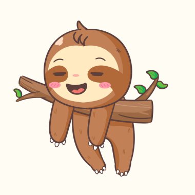 Şirin Tembel Hayvan Ağaç Çizgi Filminde Uyuyor. Sevimli ve Kawaii Hayvan Tasarımı. Simge Maskotunun Vektör İllüstrasyonu