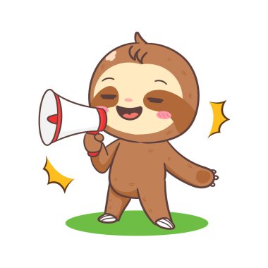 Şirin Tembel, Megafon Çizgi Film Karakteri 'yle konuşuyor. Sevimli ve Kawaii Hayvan Tasarımı. Simge Maskotunun Vektör İllüstrasyonu