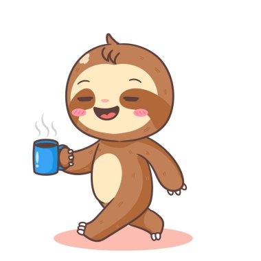 Elinde kahve fincanı tutan sevimli tembel hayvan çizgi film karakteri. Sevimli ve Kawaii Hayvan Tasarımı. Simge Maskotunun Vektör İllüstrasyonu