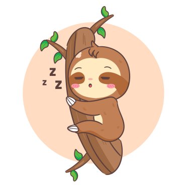 Şirin Tembel Hayvan Ağaç Çizgi Filminde Uyuyor. Sevimli ve Kawaii Hayvan Tasarımı. Simge Maskotunun Vektör İllüstrasyonu