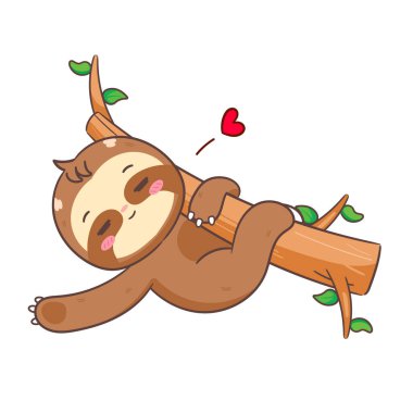 Şirin Tembel Hayvan Ağaç Çizgi Filminde Uyuyor. Sevimli ve Kawaii Hayvan Tasarımı. Simge Maskotunun Vektör İllüstrasyonu