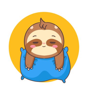 Sevimli Tembel Hayvan Yastık Çizgi Filminde Uyuyor. Sevimli ve Kawaii Hayvan Tasarımı. Simge Maskotunun Vektör İllüstrasyonu