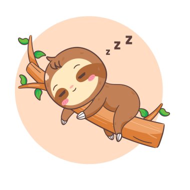 Şirin Tembel Hayvan Ağaç Çizgi Filminde Uyuyor. Sevimli ve Kawaii Hayvan Tasarımı. Simge Maskotunun Vektör İllüstrasyonu