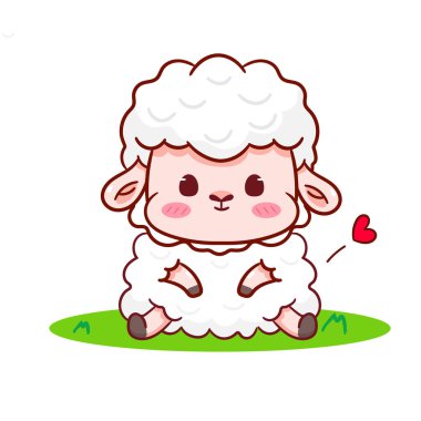 Şirin Koyun Çizgi Filmi Karakteri. Sevimli ve Kawaii Hayvan Vektörü İllüstrasyonu. İzole edilmiş beyaz arka plan. Simge Maskotu Tasarımı.