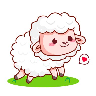 Şirin Koyun Atlama Çizgi Filmi Karakteri. Sevimli ve Kawaii Hayvan Vektörü İllüstrasyonu. İzole edilmiş beyaz arka plan. Simge Maskotu Tasarımı.