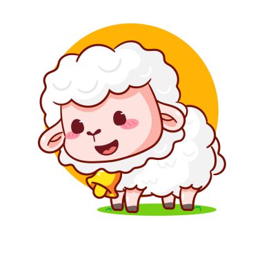 Şirin Koyun Çizgi Filmi Karakteri. Sevimli ve Kawaii Hayvan Vektörü İllüstrasyonu. İzole edilmiş beyaz arka plan. Simge Maskotu Tasarımı.