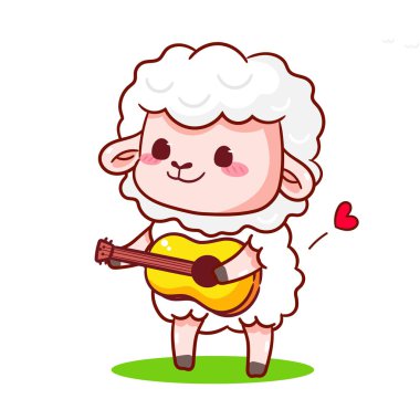 Gitar Karikatürü Oynayan Şirin Koyun. Sevimli ve Kawaii Hayvan Vektörü İllüstrasyonu. İzole edilmiş beyaz arka plan. Simge Maskotu Tasarımı.