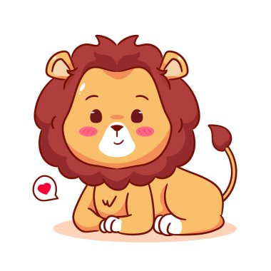 Tatlı Aslan Çizgi Filmi Karakteri. Sevimli ve Kawaii Hayvan Simgesi Maskot Tasarımı. Logo Vektörü İllüstrasyonu. İzole Beyaz Arkaplan.