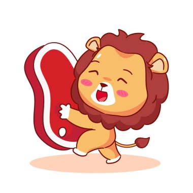 Şirin Aslan Büyük Et Çizgi Filmi Karakterini Tutuyor. Sevimli ve Kawaii Hayvan Simgesi Maskot Tasarımı. Logo Vektörü İllüstrasyonu. İzole Beyaz Arkaplan.