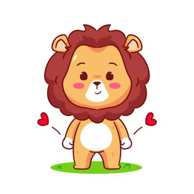 Şirin Aslan Ayakta Çizgi Film Karakteri. Sevimli ve Kawaii Hayvan Simgesi Maskot Tasarımı. Logo Vektörü İllüstrasyonu. İzole Beyaz Arkaplan.