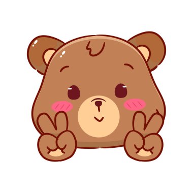 Şirin Kahverengi Ayı Barış Elleri İşaret Karikatürü Karakteri 'ne Poz Veriyor. Sevimli ve Kawaii Hayvan Simgesi Maskot Tasarımı. Logo Vektörü İllüstrasyonu. İzole Beyaz Arkaplan.