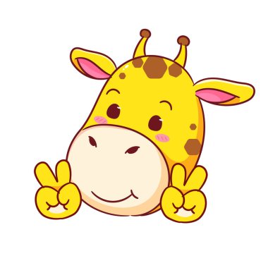 Şirin Zürafa Barış Elçisi İmzalı El Çizgi Filmi Karakteri Pozlandırıyor. Sevimli ve Kawaii Hayvan Simgesi Maskot Tasarımı. Logo Vektörü İllüstrasyonu. İzole Beyaz Arkaplan.