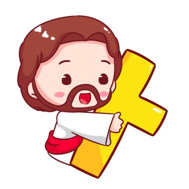 Çizgi film taşıyıcısını tutan sevimli İsa. Hristiyanlık Dini Tasarım. Tapılası Chibi İsa 'nın Karakteri Çizimi. İzole Beyaz Arkaplan.