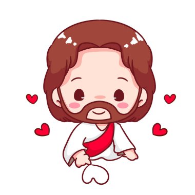 Tatlı İsa karikatür vektörüne yazı yazmış. Hristiyanlık Dini Tasarım. Tapılası Chibi İsa 'nın Karakteri Çizimi. İzole Beyaz Arkaplan.