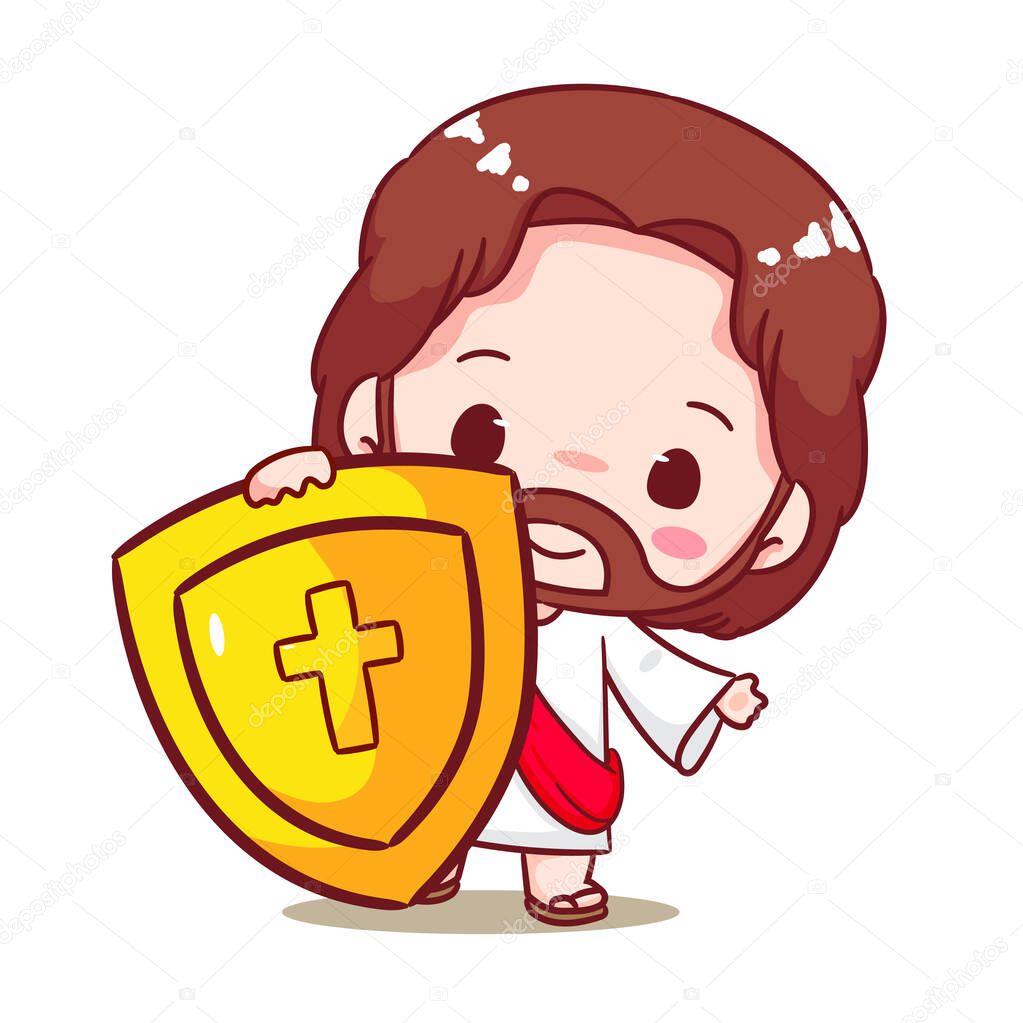 Cute Jesus Holding Shield Cartoon Vector. Christianity Religion Concept Design. Adorable Chibi Jesus Christ Character Illustration. Isolated White Background.