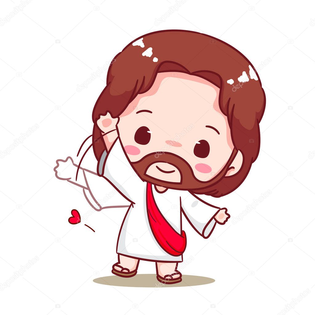 Cute Jesus Waving Hand Cartoon Vector. Christianity Religion Concept Design. Adorable Chibi Jesus Christ Character Illustration. Isolated White Background.