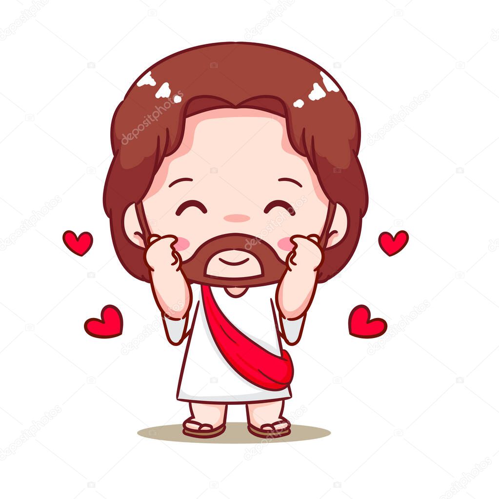 Cute Jesus Love Hand Sign Cartoon Vector. Christianity Religion Concept Design. Adorable Chibi Jesus Christ Character Illustration. Isolated White Background.